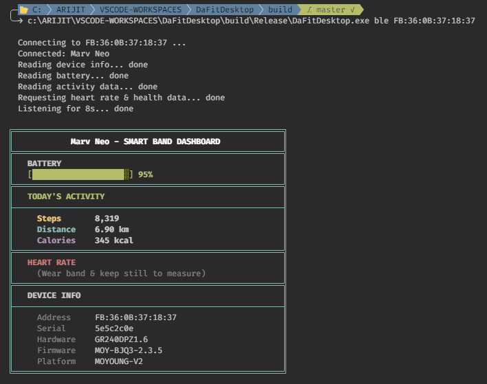 DaFitDesktop terminal dashboard showing battery, steps, distance, calories, and device info for a Marv Neo smart band