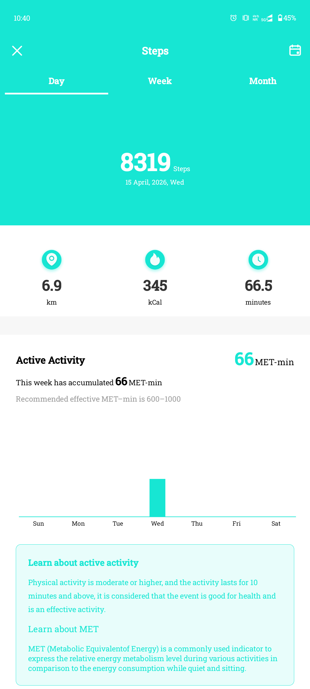 Da Fit Android app showing 8,319 steps, 6.9 km distance, 345 kCal, and 66.5 active minutes on 15 April 2026