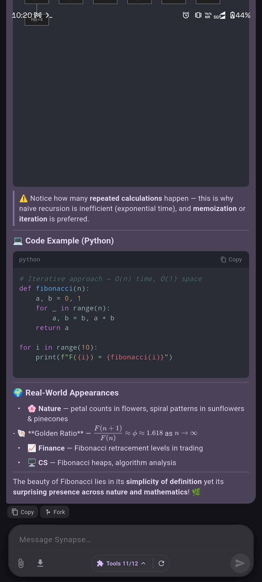Code block, real-world appearances, and Copy/Fork buttons