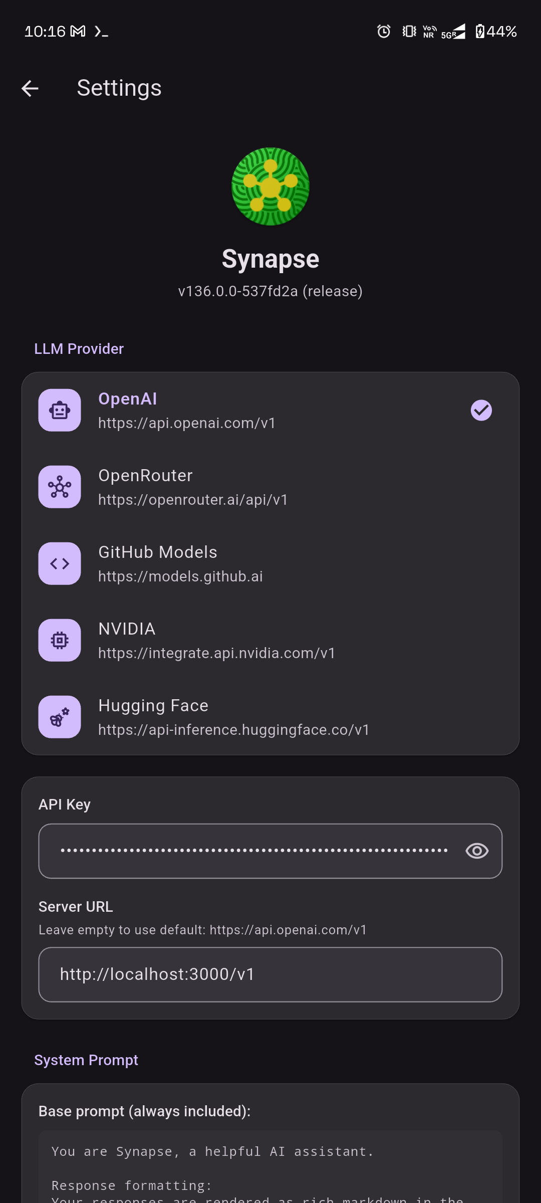 Settings — LLM provider, API key, server URL, system prompt