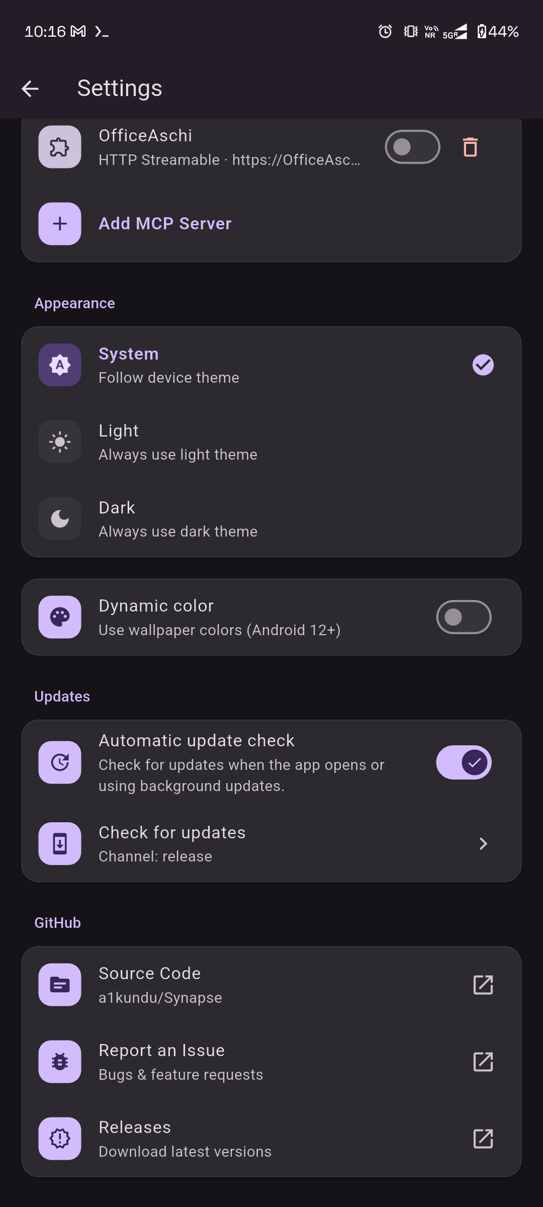 Settings — MCP servers, appearance, updates, GitHub links
